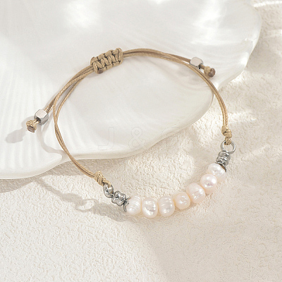 Bohemian Natural Cultured Pearl Rice Braided Bead Bracelets with 201 Stainless Steel Beads NX1549-2-1