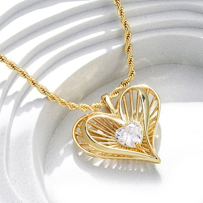Brass Pave Clear Cubic Zirconia Heart Pendant Necklaces for Women NJEW-K381-07A-G-1