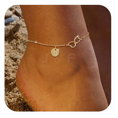 Brass Double Heart Link Flat Round Initial Charm Anklets for Women FS-WGA84B7-07-1