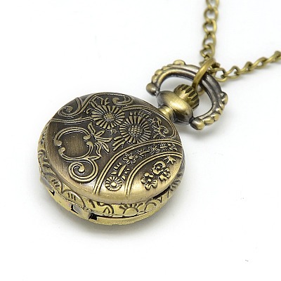 Alloy Flat Round with Horse Pendant Necklace Pocket Watch WACH-N011-84-1