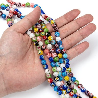 Millefiori Glass Round-Single Flower Bead Strands LK14-1