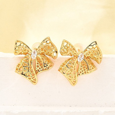 Bowknot Brass Micro Pave Cubic Zirconia Stud Earrings EJEW-B148-07A-G-1