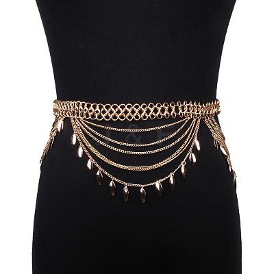 Alloy Curb Chain Leaf Charm Tassel Multi-Layered Waist Belly Chains FS-WGB4872-01-1