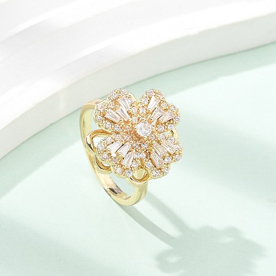 Clover Rotatable Open Cuff Rings for Women RJEW-R007-02G-1