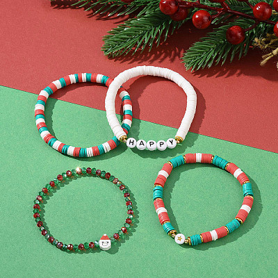 4Pcs 4 Style Polymer Clay Heishi Surfer Stretch Bracelets Set X1-BJEW-TA00261-1