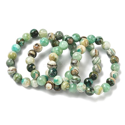 Natural Green Line Jasper Round Beaded Stretch Bracelets for Women BJEW-F535-02C-1