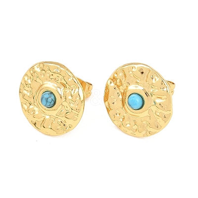 304 Stainless Steel Synthetic Turquoise Center Textured Round Stud Earrings for Women SA-CBAB549-03G-1