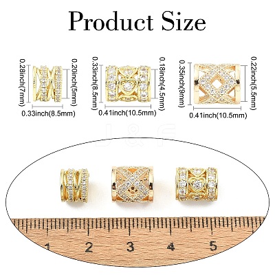 6Pcs 3 Styles Brass Pave Clear Cubic Zirconia European Beads KK-CJ0003-08-1
