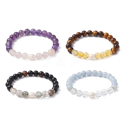 Natural & Synthetic Mixed Gemstone & Pearl Beaded Stretch Bracelets BJEW-JB09726-1