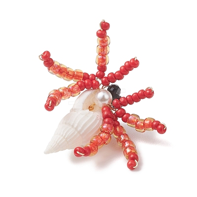 Natural Faceted Round Natural Black Spinel & Natural Trumpet Shell & Glass Seed Beaded Crab Pendants PALLOY-MZ01177-1
