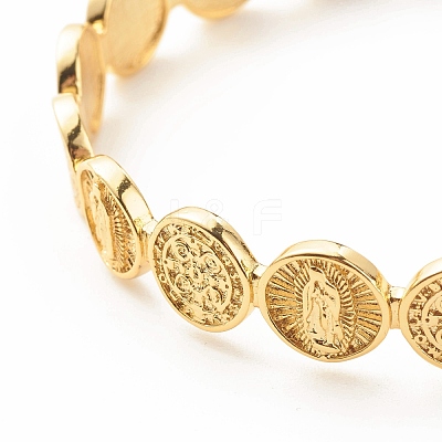 Brass Flat Round with Rosary Jesus Open Cuff Bangle for Women BJEW-B054-04G-1