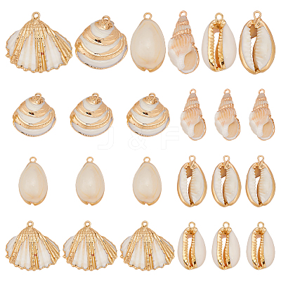 24Pcs 6 Styles Electroplated Natural Mixed Shell Pendants SSHEL-ME0001-03-1