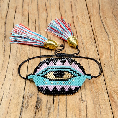 Miyuki Seed Braided Bead Bracelet with Double Tassel BJEW-A121-17-1