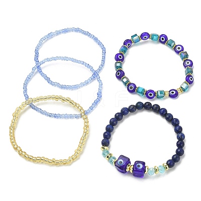 5Pcs 5 Style Natural Lapis Lazuli & Lampwork Evil Eye & Seed Beaded Stretch Bracelets Set BJEW-JB09616-01-1