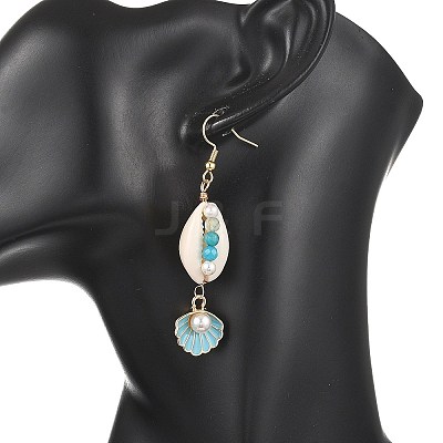 Natural Agate & Cultured Freshwater Pearl & Cowrie Shell Beads Dangle Earrings EJEW-JE07200-1