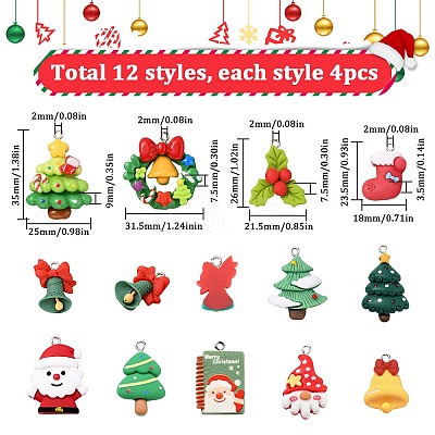 48Pcs 12 Styles Christmas Theme Opaque Resin Pendants RESI-SC0005-66-1