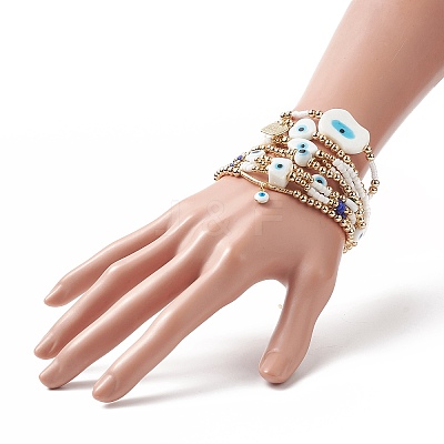 7Pcs 7 Style Evil Eye Lampwork & Glass Seed & Brass Beaded Stretch Bracelets Set for Women BJEW-JB09249-02-1