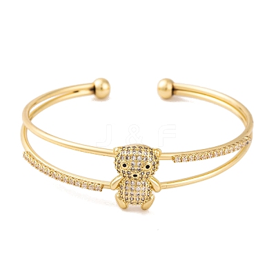 Brass Micro Pave Clear Cubic Zirconia 2-Strand Bear Open Cuff Bangles for Women BJEW-S147-12G-1