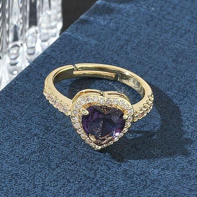 Brass & Purple Heart Cubic Zirconia Finger Rings for Women CU-CBA7E55-14G-1