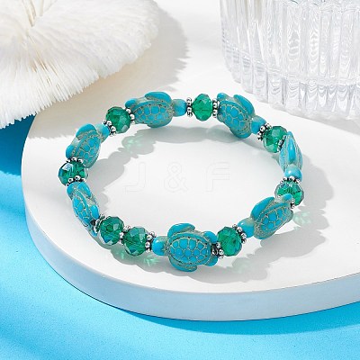 Synthetic Turquoise Turtle & Glass Beaded Stretch Bracelet BJEW-JB09763-1