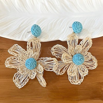 Bohemian Raffia with Linen Stud Dangle Earrings FS-WG91701-10-1