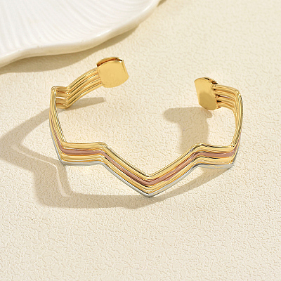 Multi-layer Geometric Wave Pattern Iron Open Cuff Bracelet for Women US3742-1