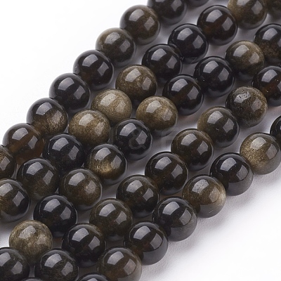Natural Golden Sheen Obsidian Beads Strands G-C076-6mm-5-1
