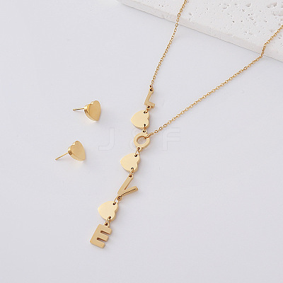 304 Stainless Steel Stud Heart Earrings & Letter LOVE Tassel Necklaces Sets for Women IY3689-4-1