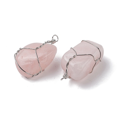 Natural Rose Quartz Copper Wire Wrapped Pendants G-C110-06A-P-1
