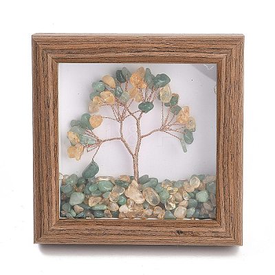 Natural Green Aventurine and Yellow Quartz Chips Tree of Life with Wooden Photo Frame Decorations DJEW-B013-04D-1