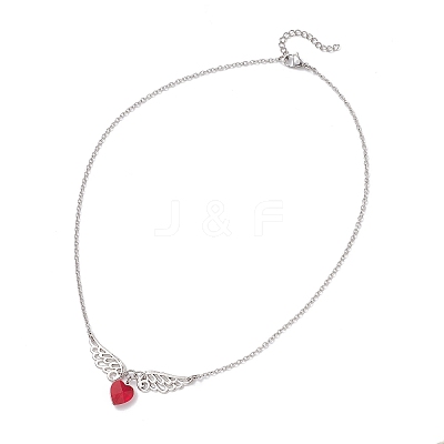 Red Heart with Alloy Angel Wings Pendant 304 Stainless Steel Cable Chain Necklaces NJEW-TA00218-1
