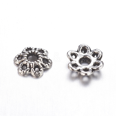 6-Petal Tibetan Style Alloy Hollow Flower Bead Caps TIBE-S221-AS-NR-1