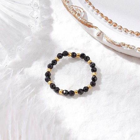 Natural Black Spinel Beaded Stretch Rings for Women RJEW-JR00868-13-1