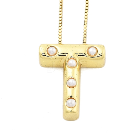 Brass & Plastic Pearl Letter Pandent Box Chain Necklaces for Women NJEW-U017-01G-20-1