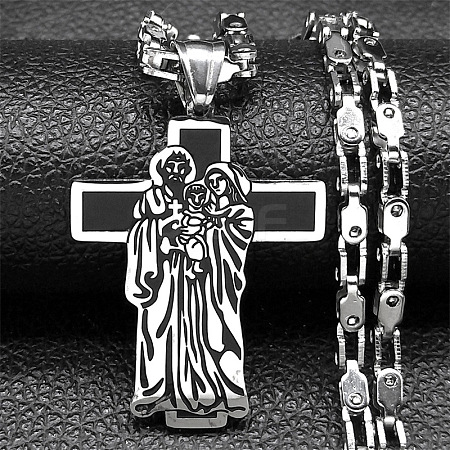 Religion 201 Stainless Steel Enamel Black Virgin Mary Cross Pendant Necklaces NJEW-C104-02A-1