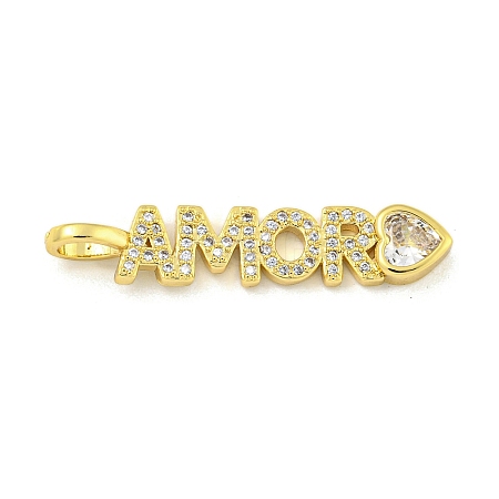 Word AMOR Rack Plating Brass Micro Pave Clear Cubic Zirconia Pendants KK-Z053-11G-01-1