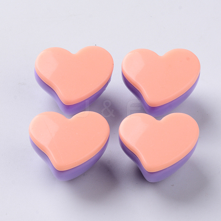  Jewelry Beads Findings Opaque Acrylic Beads, Two Tone, with Flat Plate, Half Drilled, Heart, LightSalmon, 15x18x13.5mm, Half Hole: 2.5mm