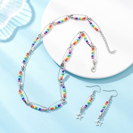 Chakra Glass Beads Dangle Earrings & Necklaces Sets SJEW-JS01364-1