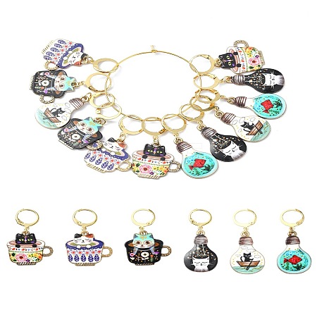 Cat Alloy Enamel Pendant Locking Stitch Markers HJEW-YW00021-1