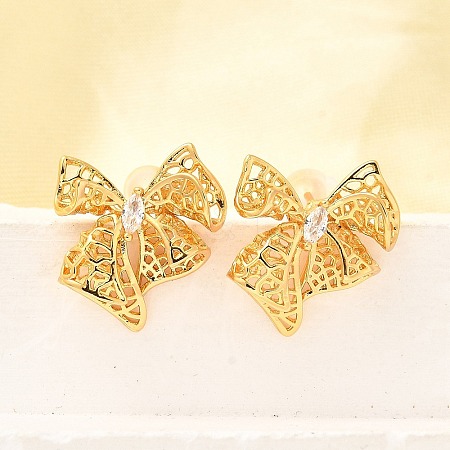 Bowknot Brass Micro Pave Cubic Zirconia Stud Earrings EJEW-B148-07A-G-1