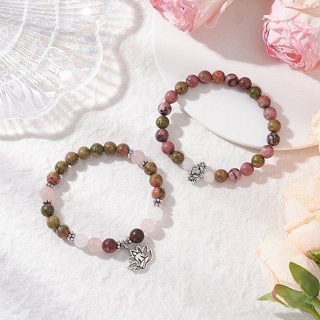 2Pcs Natural Rhodonite & Unakite & White Jade & Polychrome Jasper & Rose Quartz Round Beaded Stretch Bracelets BJEW-JB11953-1
