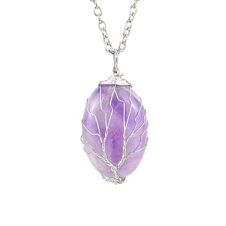 Natural Amethyst Oval Pendant Necklace with Platinum Alloy Chains PW-WG98341-08-1