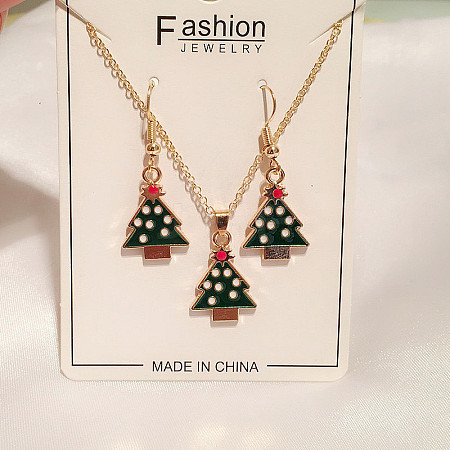 Christmas Tree Alloy Enamel Pendant Necklaces & Dangle Earrings Sets WG2E782-06-1