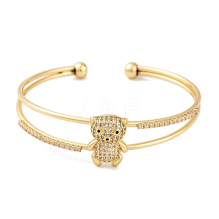 Brass Micro Pave Clear Cubic Zirconia 2-Strand Bear Open Cuff Bangles for Women BJEW-S147-12G-1