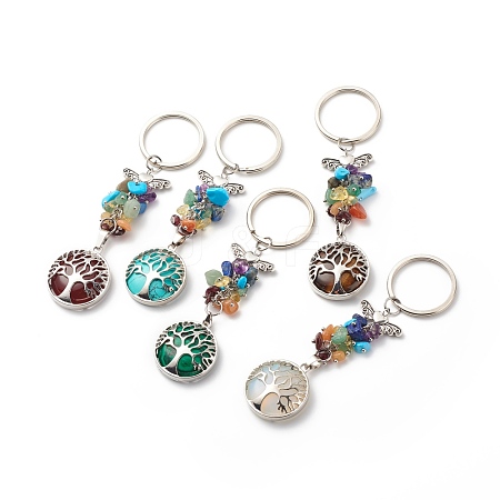 Flat Round with Tree of Life Natural & Synthetic Mixed Stone Chips & Brass Pendant Keychain KEYC-JKC00358-1