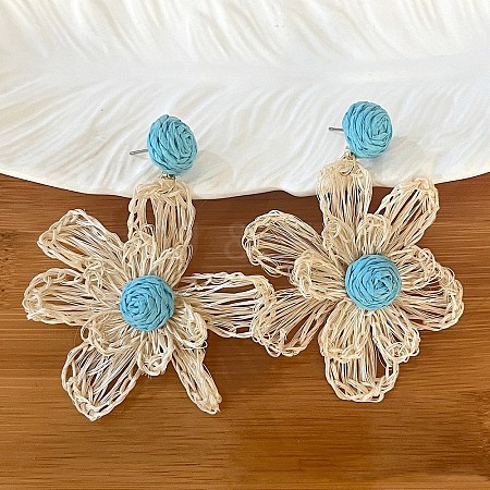 Bohemian Raffia with Linen Stud Dangle Earrings FS-WG91701-10-1