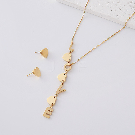 304 Stainless Steel Stud Heart Earrings & Letter LOVE Tassel Necklaces Sets for Women IY3689-4-1