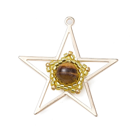 Natural Tiger Eye & Handmade Glass Seed Beaded Star Pendants PALLOY-MZ00496-02-1