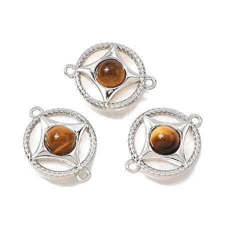 Natural Tiger Eye & Natural Shell Brass Flat Round Links Connector Charms KK-N289-16P-01-1