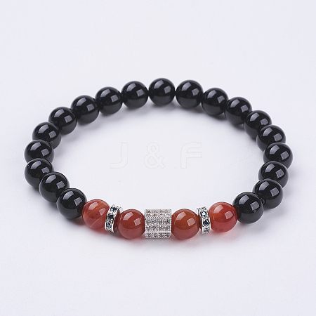 Natural Carnelian(Dyed & Heated) & Black Obsidian & Cubic Zirconia Beaded Stretch Bracelet BJEW-P188-06A-01-1